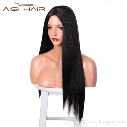 Aisi Hair Top Quality Long Silky Straight Wave Natural Black Wig Heat Resistant Synthetic Fiber Wigs For White Black Women